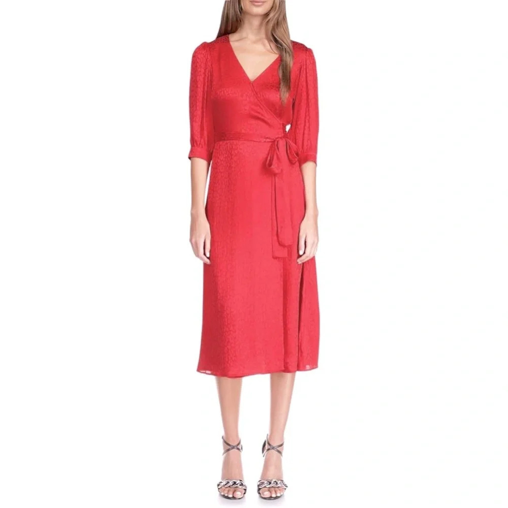 NWT MICHAEL Michael Kors Cheetah Jacquard Midi Wrap Dress Crimson XS